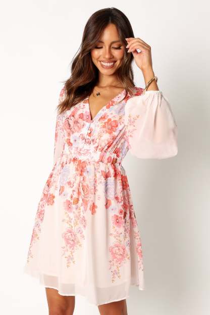 Hattie Long Sleeve Mini Dress - Pink Floral-Sunny Prom