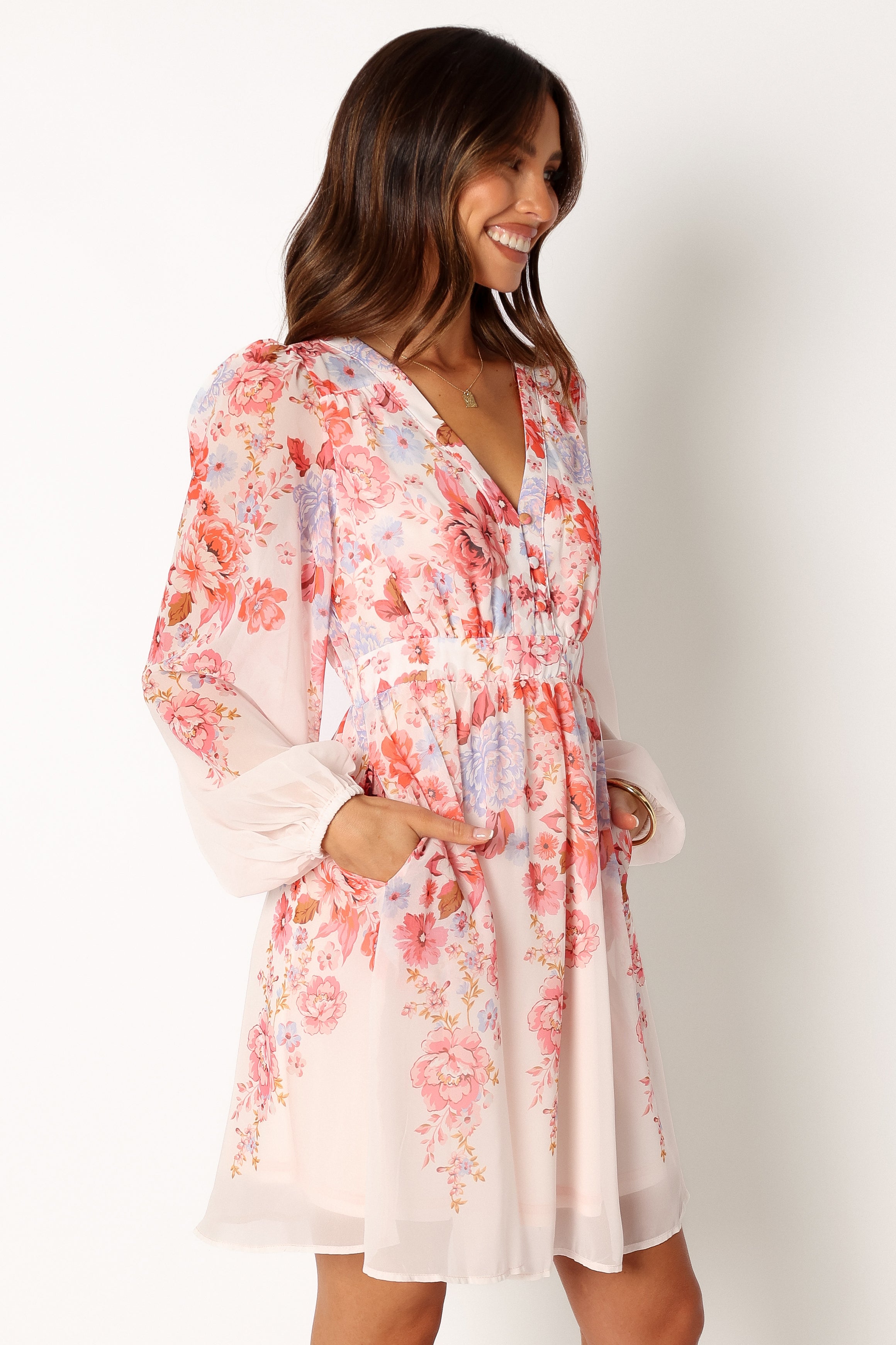 Hattie Long Sleeve Mini Dress - Pink Floral-Sunny Prom