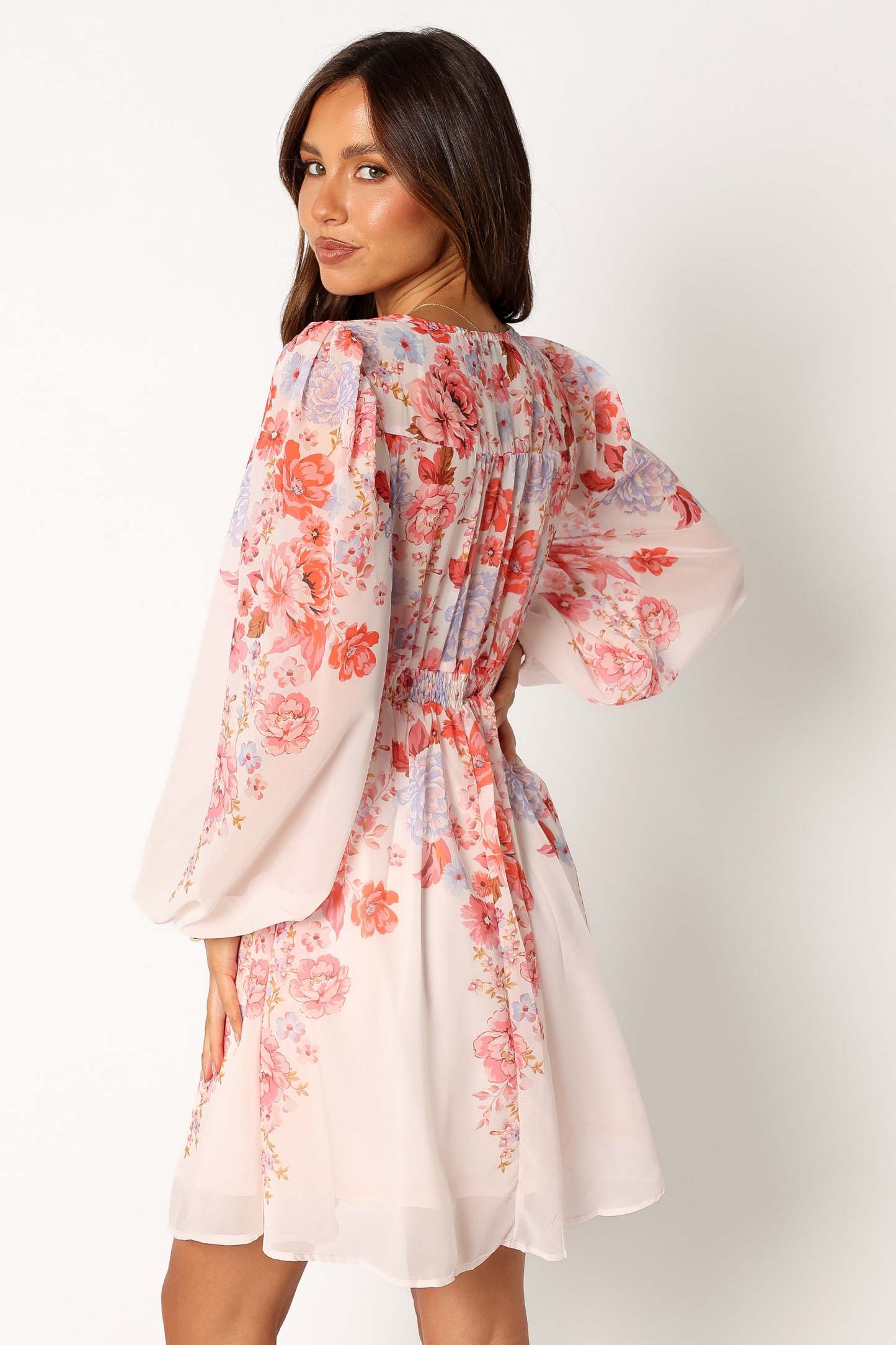 Hattie Long Sleeve Mini Dress - Pink Floral-Sunny Prom