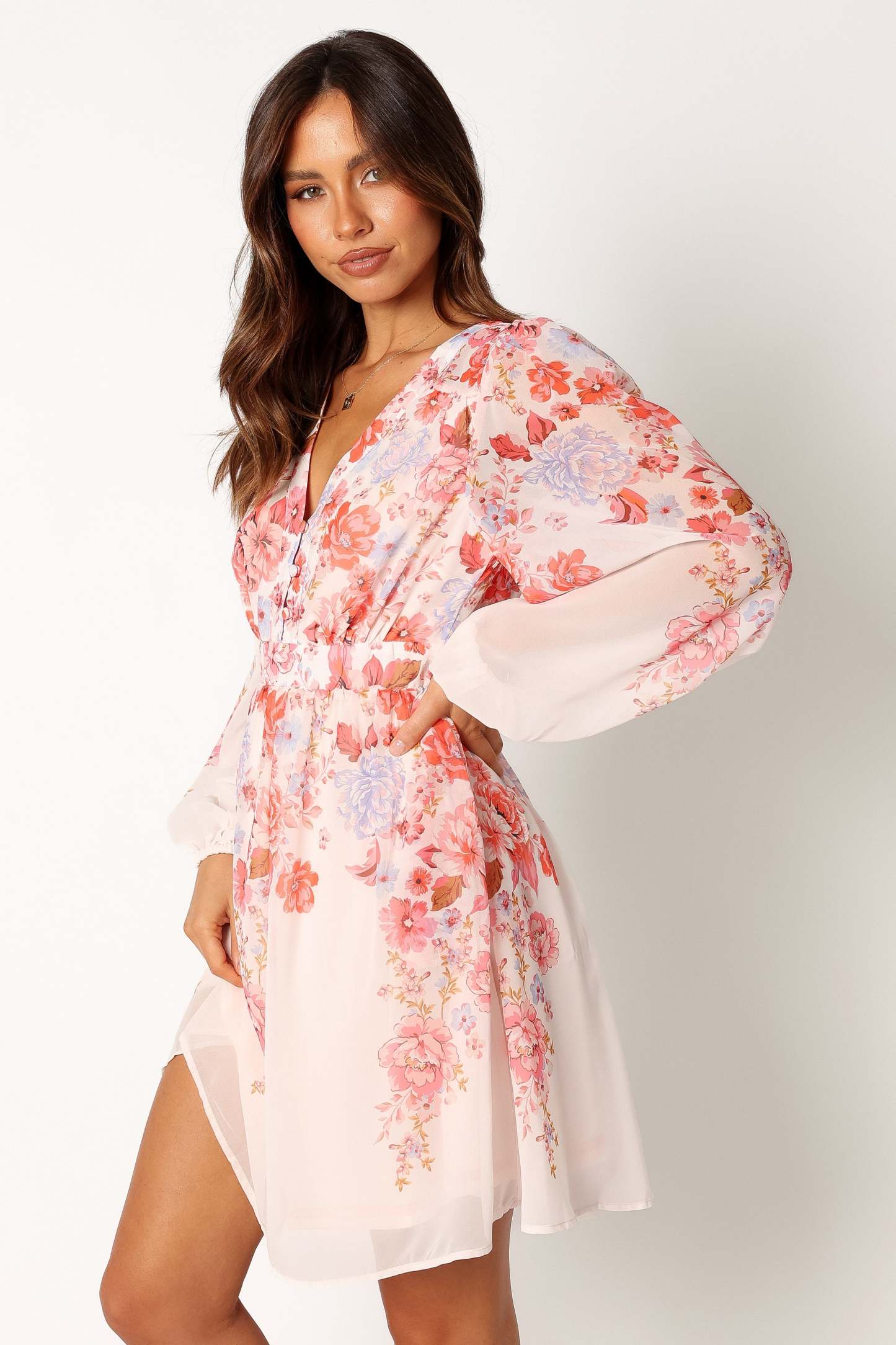 Hattie Long Sleeve Mini Dress - Pink Floral-Sunny Prom