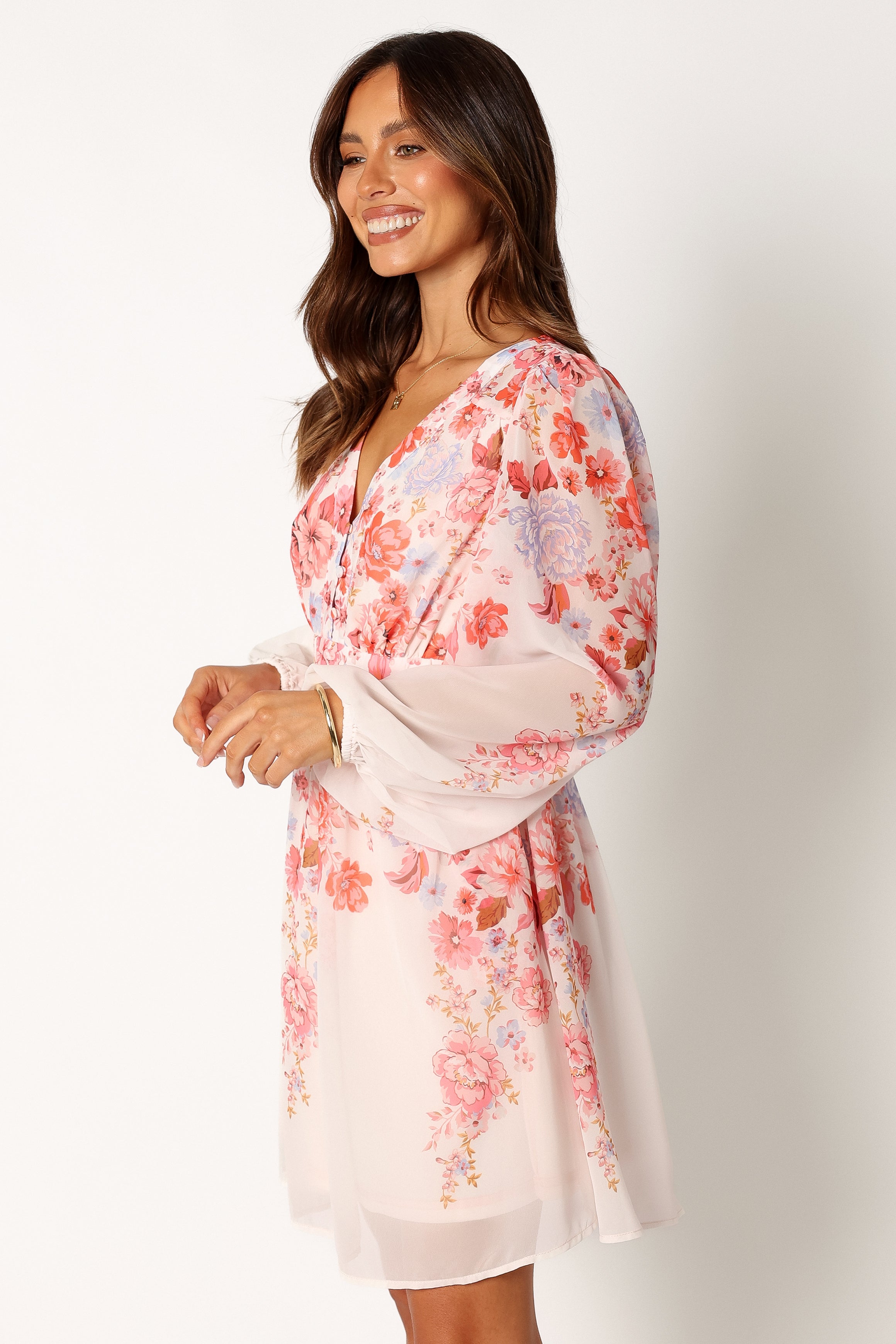 Hattie Long Sleeve Mini Dress - Pink Floral-Sunny Prom
