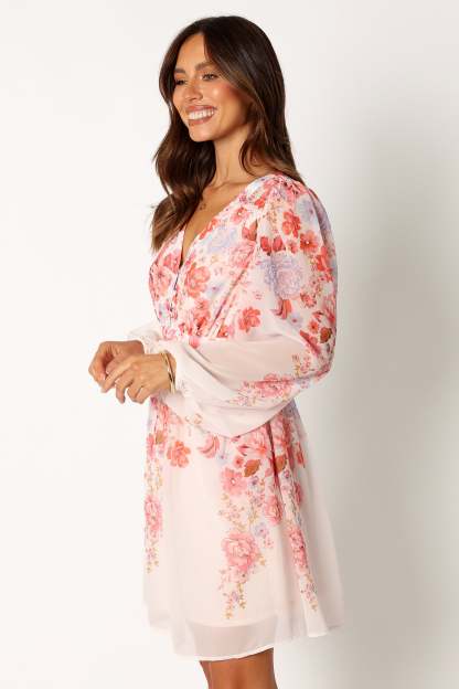 Hattie Long Sleeve Mini Dress - Pink Floral-Sunny Prom