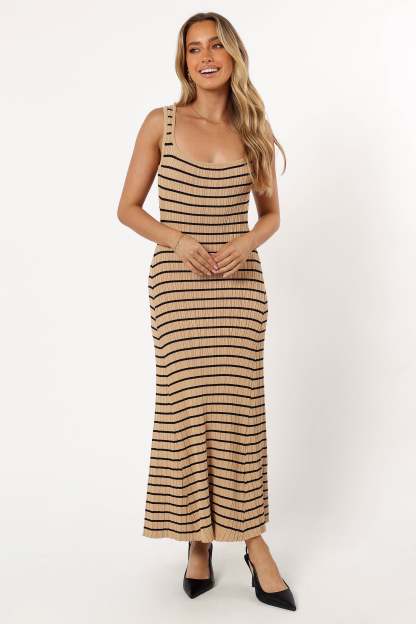 Henry Striped Midi Dress - Beige Black-Sunny Prom