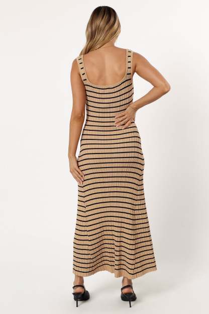 Henry Striped Midi Dress - Beige Black-Sunny Prom