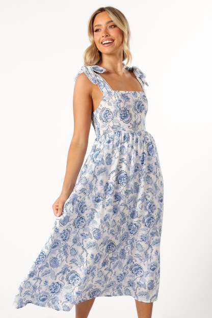 Janie Midi Dress - Blue Floral-Sunny Prom