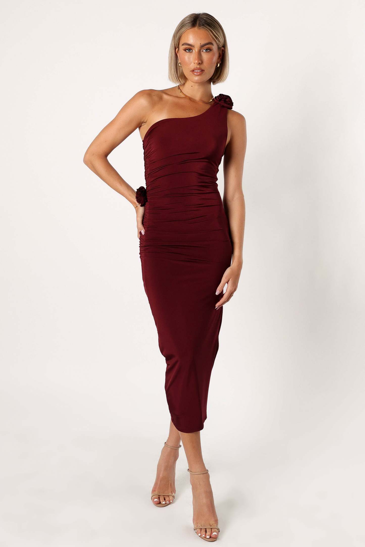 Javier One Shoulder Midi Dress - Wine-Sunny Prom