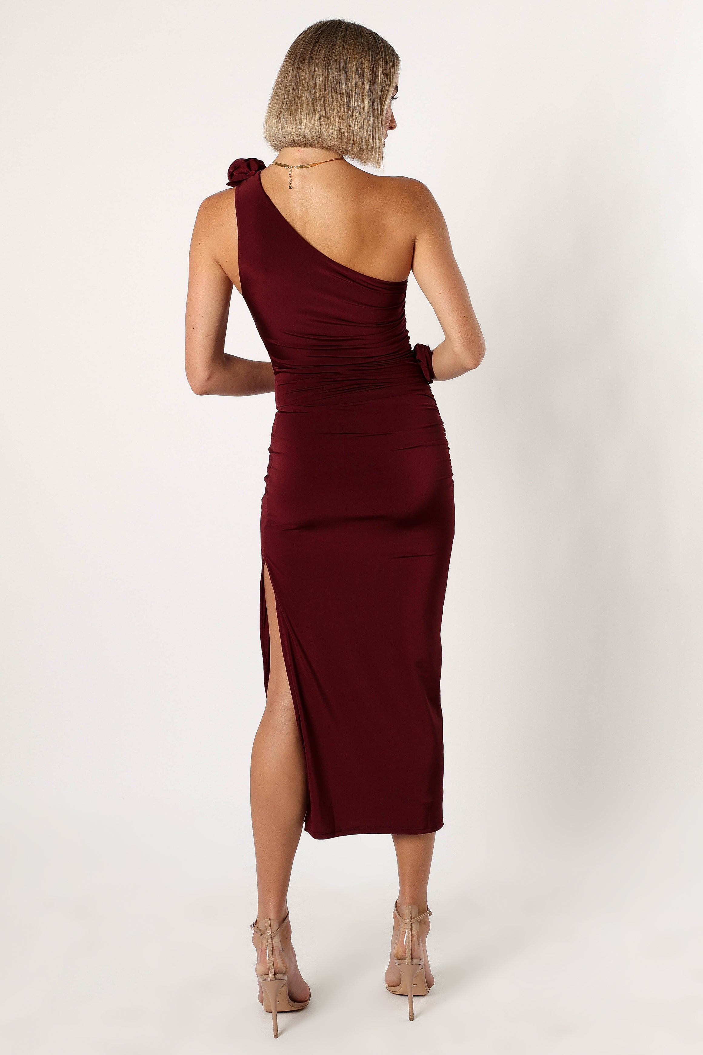 Javier One Shoulder Midi Dress - Wine-Sunny Prom
