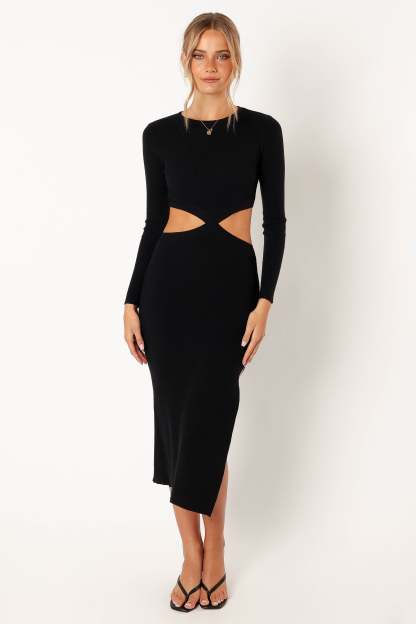 Jonah Long Sleeve Midi Dress - Black-Sunny Prom