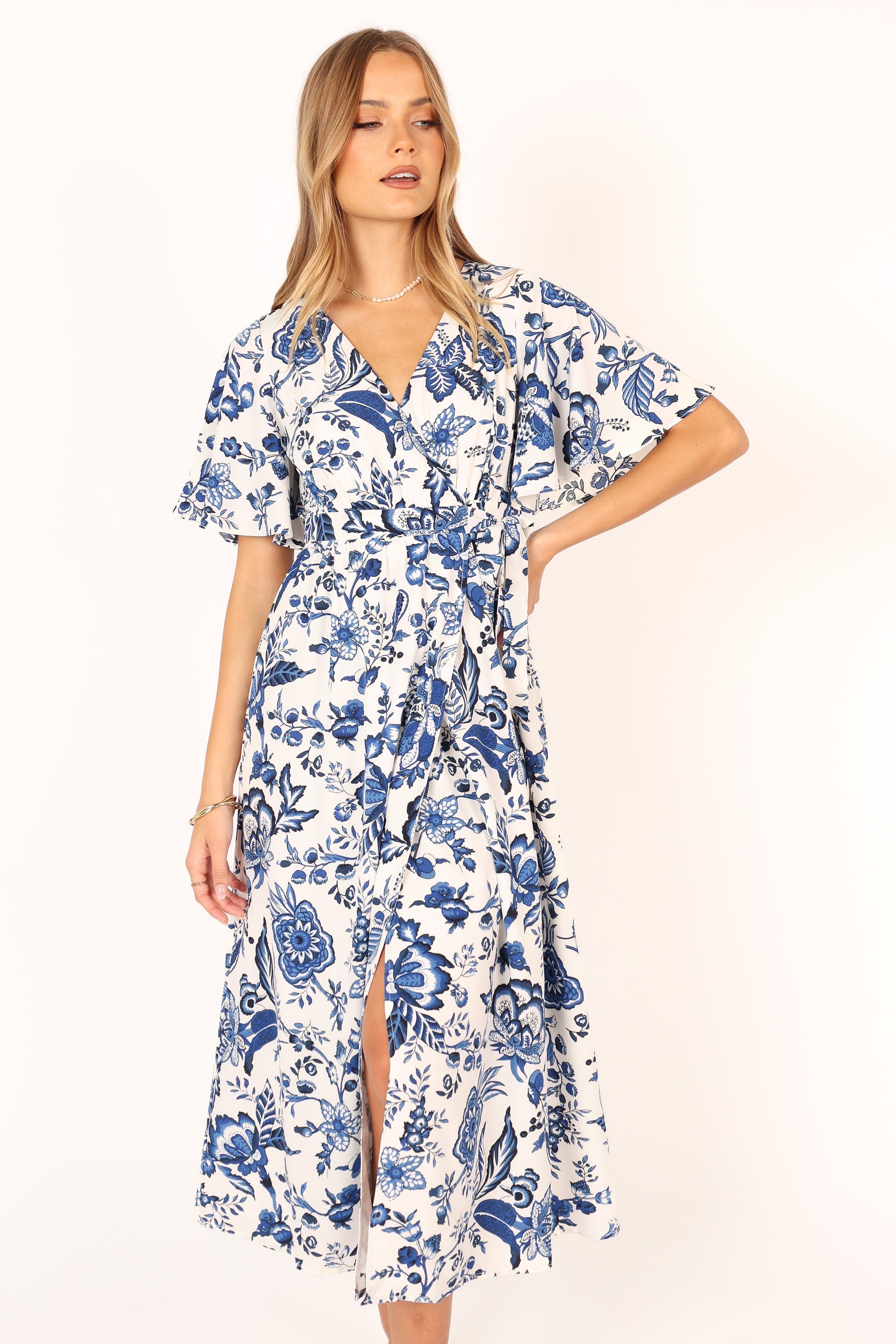 Kaleen Midi Wrap Dress - White Blue-Sunny Prom