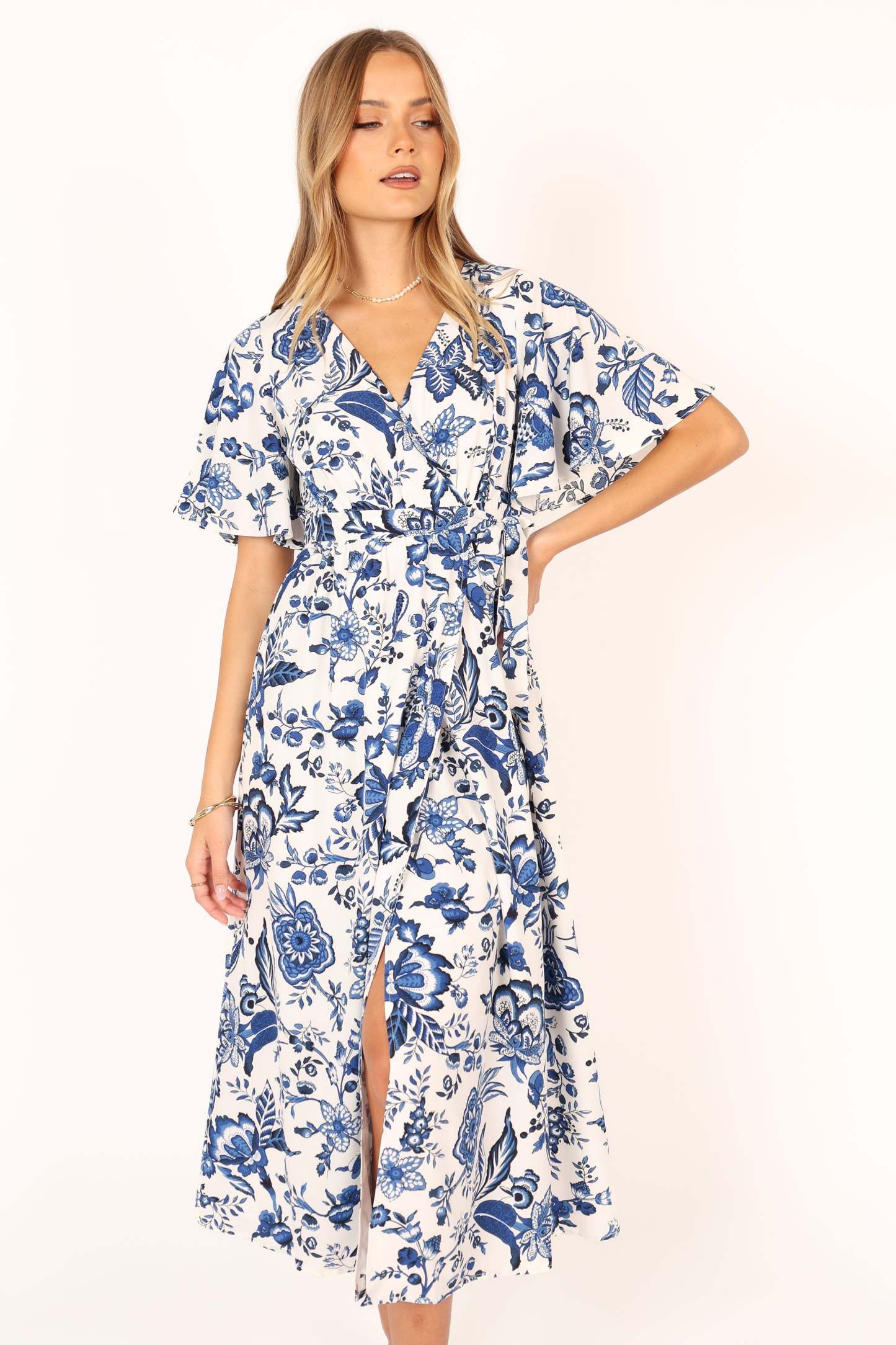 Kaleen Midi Wrap Dress - White Blue-Sunny Prom