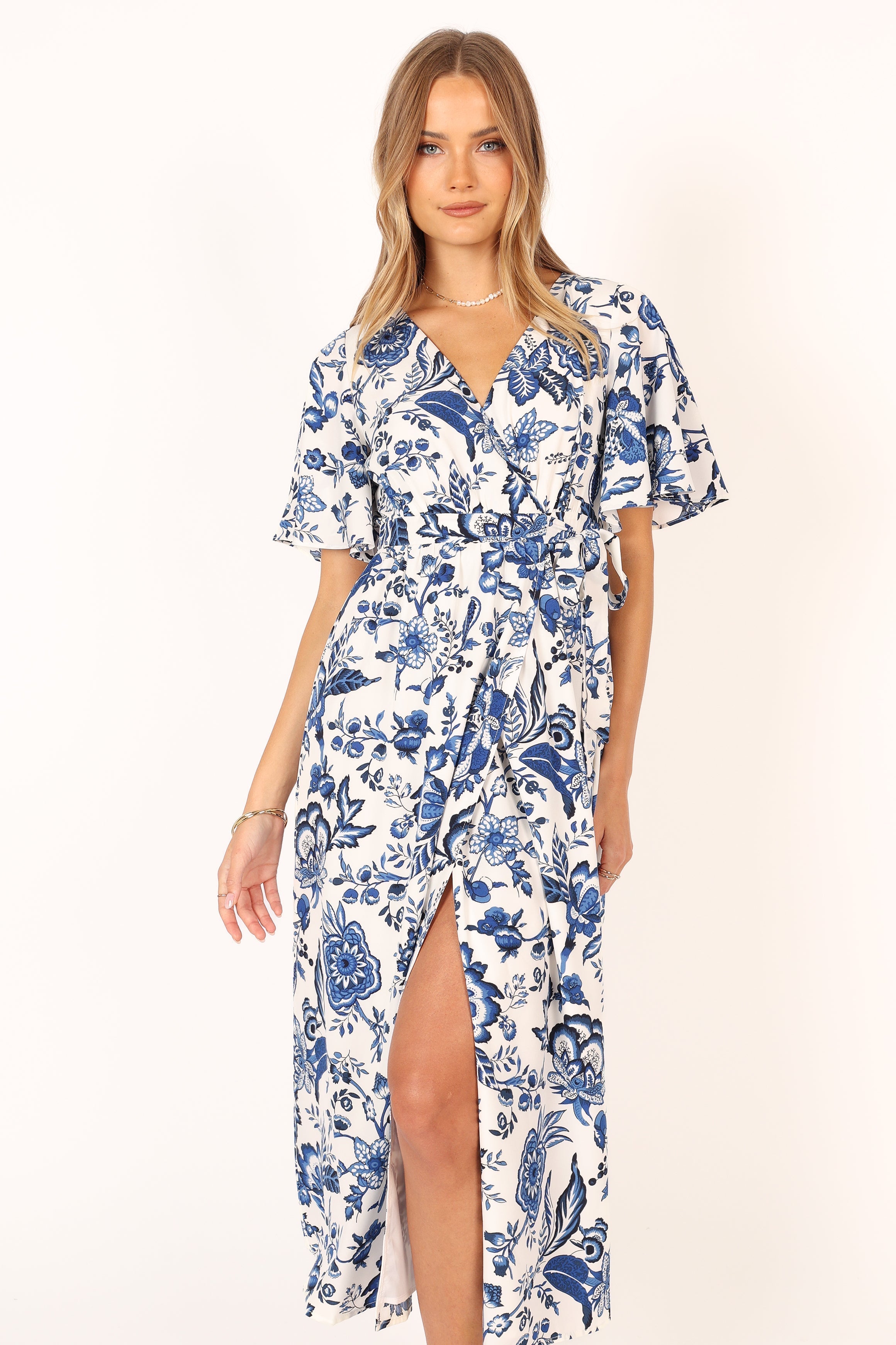 Kaleen Midi Wrap Dress - White Blue-Sunny Prom