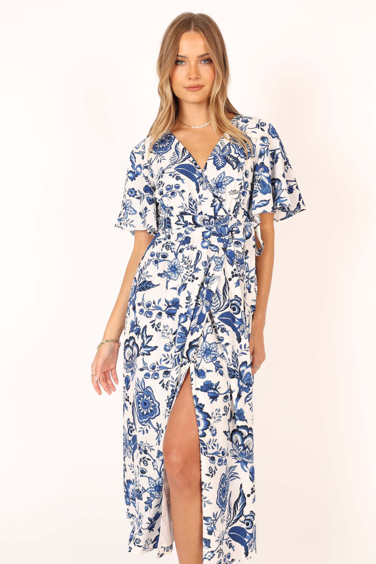 Kaleen Midi Wrap Dress - White Blue-Sunny Prom