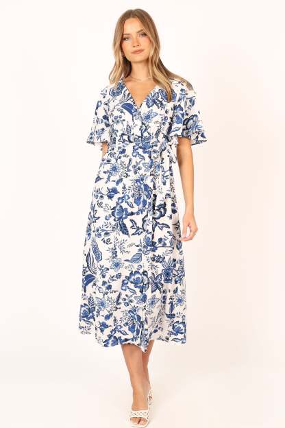 Kaleen Midi Wrap Dress - White Blue-Sunny Prom