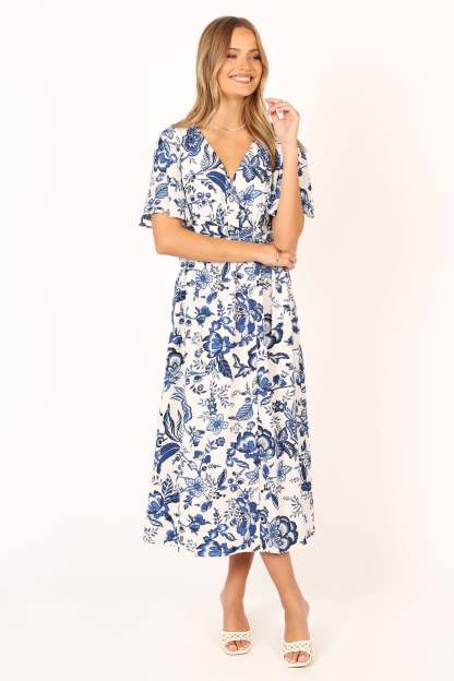 Kaleen Midi Wrap Dress - White Blue-Sunny Prom