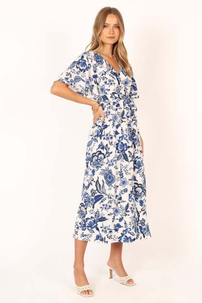 Kaleen Midi Wrap Dress - White Blue-Sunny Prom