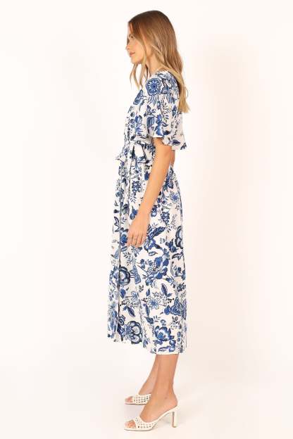 Kaleen Midi Wrap Dress - White Blue-Sunny Prom