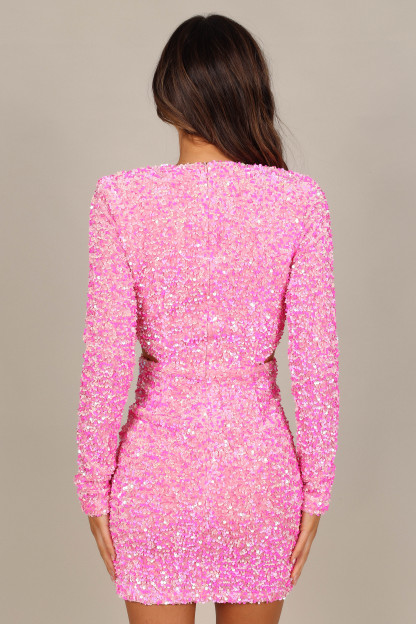 Kelly Long Sleeve Sequin Mini Dress - Berry-Sunny Prom