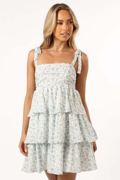 Kylah Ruffle Mini Dress - White Blue Floral-Sunny Prom