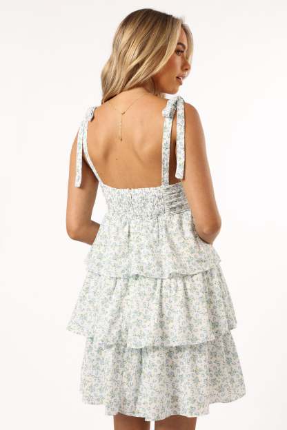 Kylah Ruffle Mini Dress - White Blue Floral-Sunny Prom
