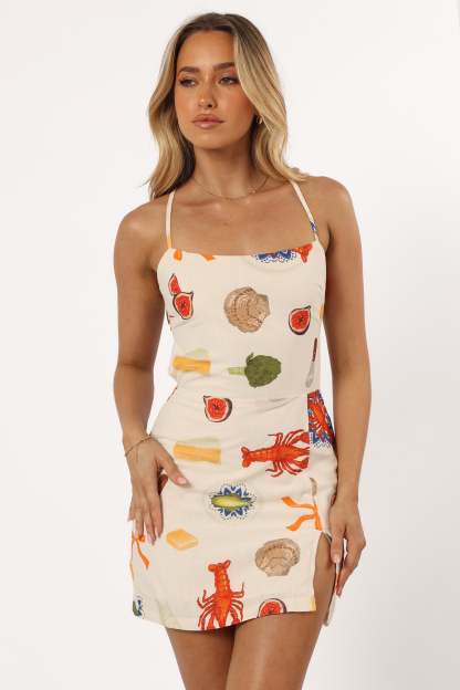 Lara Tie Back Mini Dress - Cream Multi-Sunny Prom