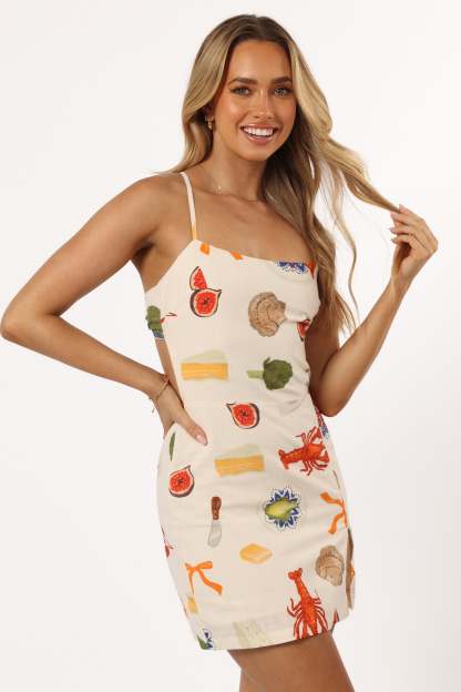 Lara Tie Back Mini Dress - Cream Multi-Sunny Prom
