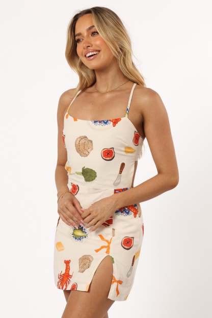 Lara Tie Back Mini Dress - Cream Multi-Sunny Prom