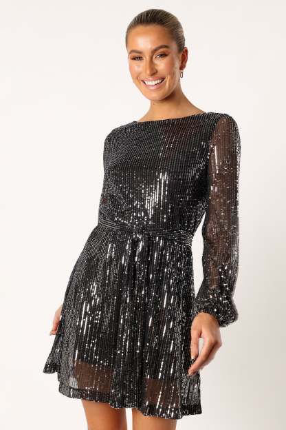 Linnie Long Sleeve Mini Dress - Black Sequin-Sunny Prom
