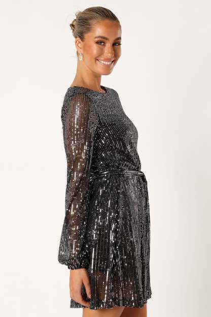 Linnie Long Sleeve Mini Dress - Black Sequin-Sunny Prom