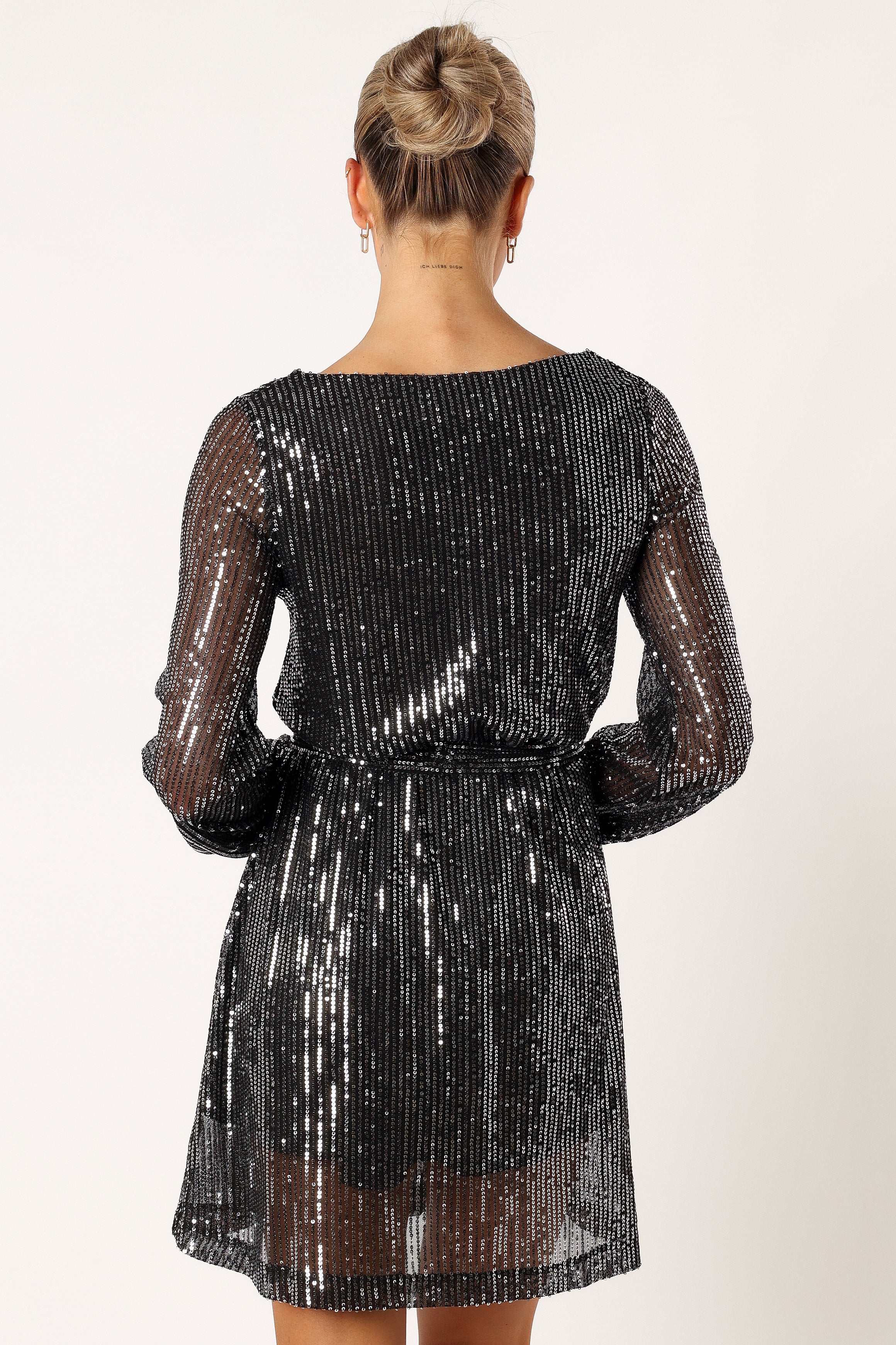 Linnie Long Sleeve Mini Dress - Black Sequin-Sunny Prom