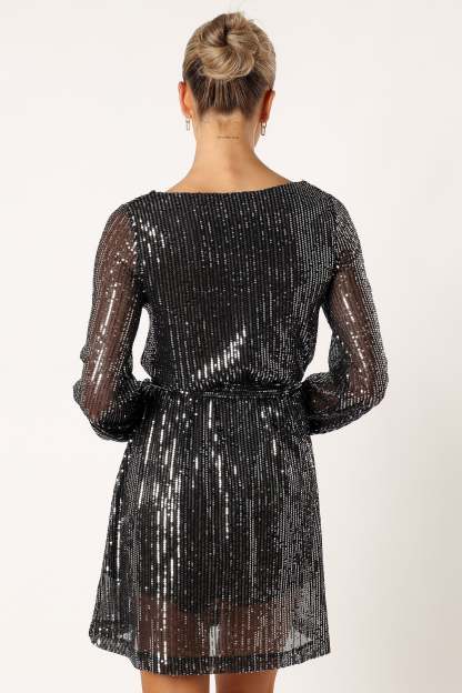 Linnie Long Sleeve Mini Dress - Black Sequin-Sunny Prom