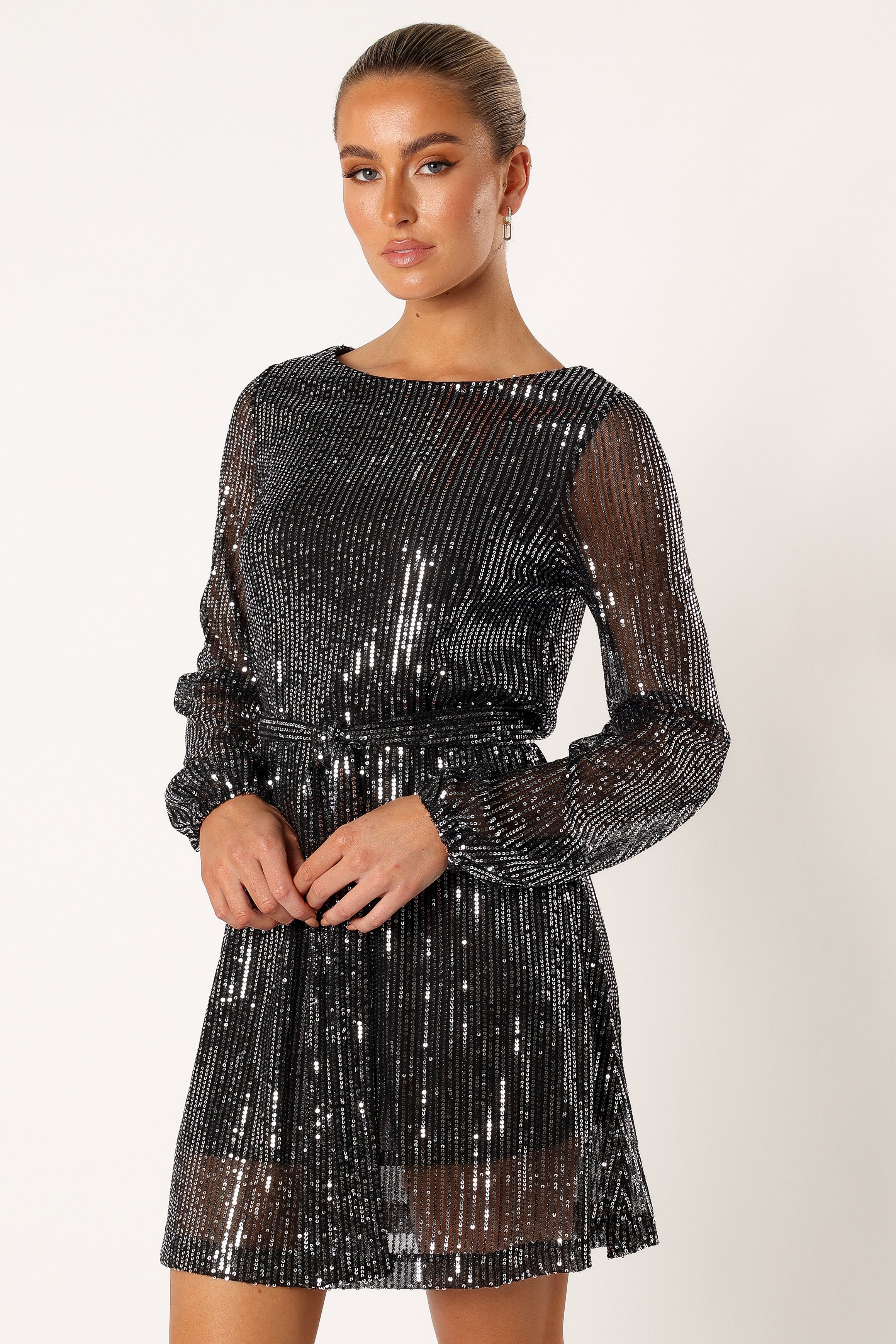 Linnie Long Sleeve Mini Dress - Black Sequin-Sunny Prom