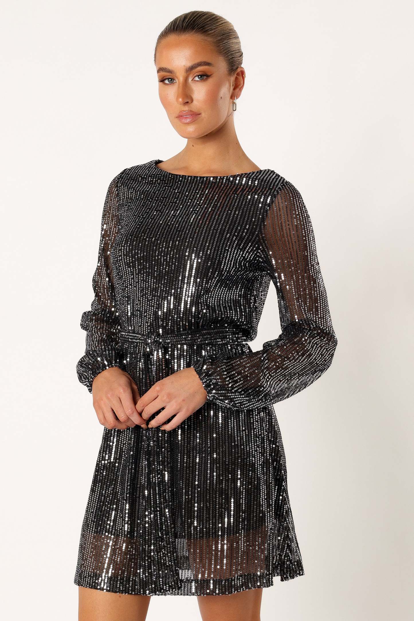 Linnie Long Sleeve Mini Dress - Black Sequin-Sunny Prom