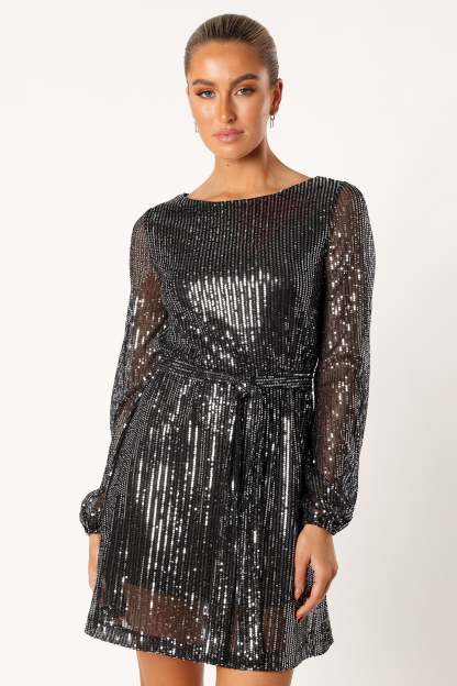 Linnie Long Sleeve Mini Dress - Black Sequin-Sunny Prom