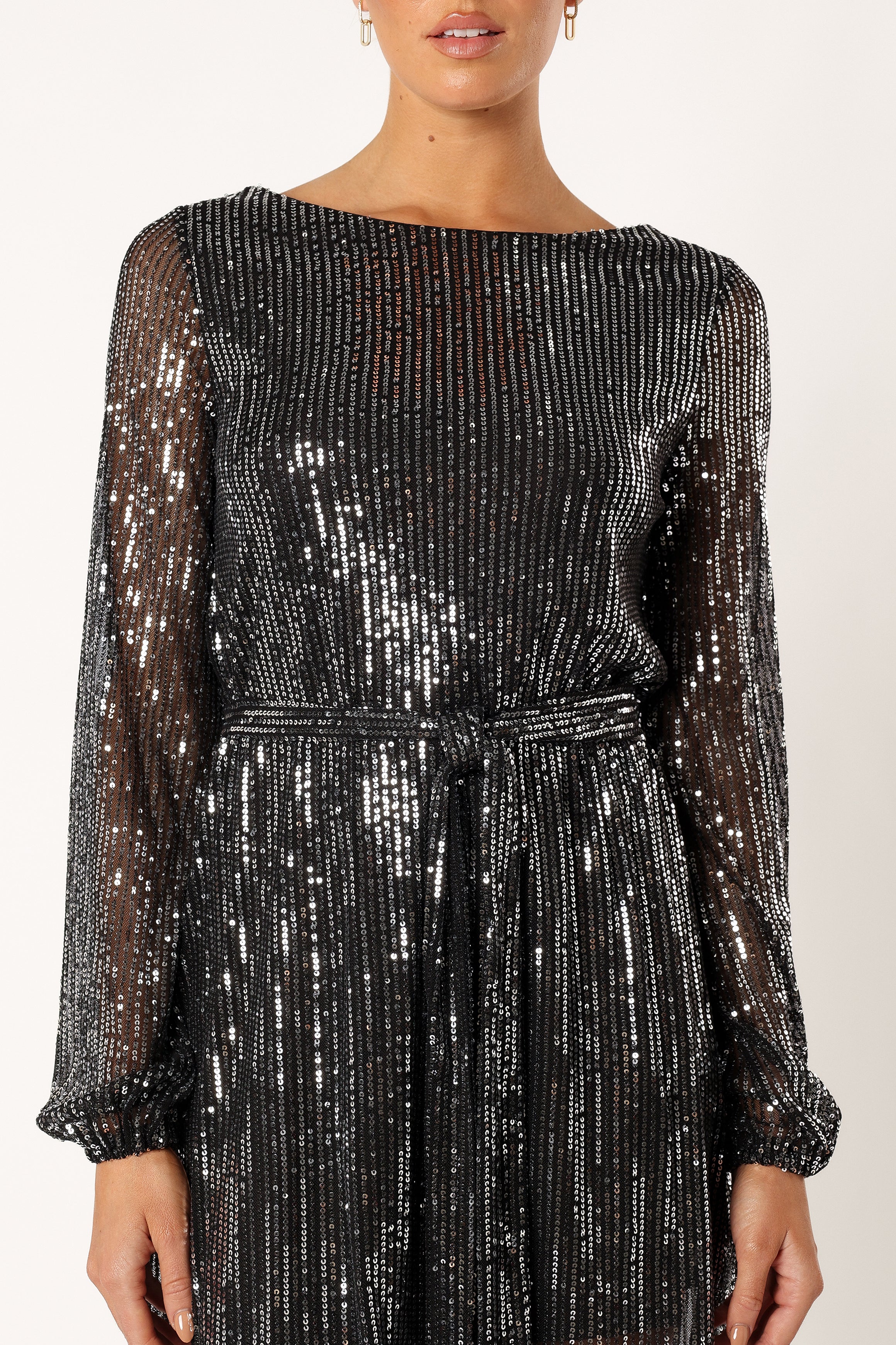 Linnie Long Sleeve Mini Dress - Black Sequin-Sunny Prom