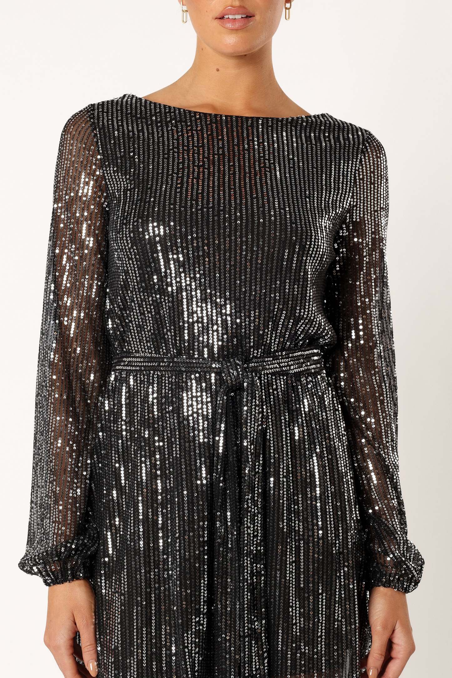 Linnie Long Sleeve Mini Dress - Black Sequin-Sunny Prom