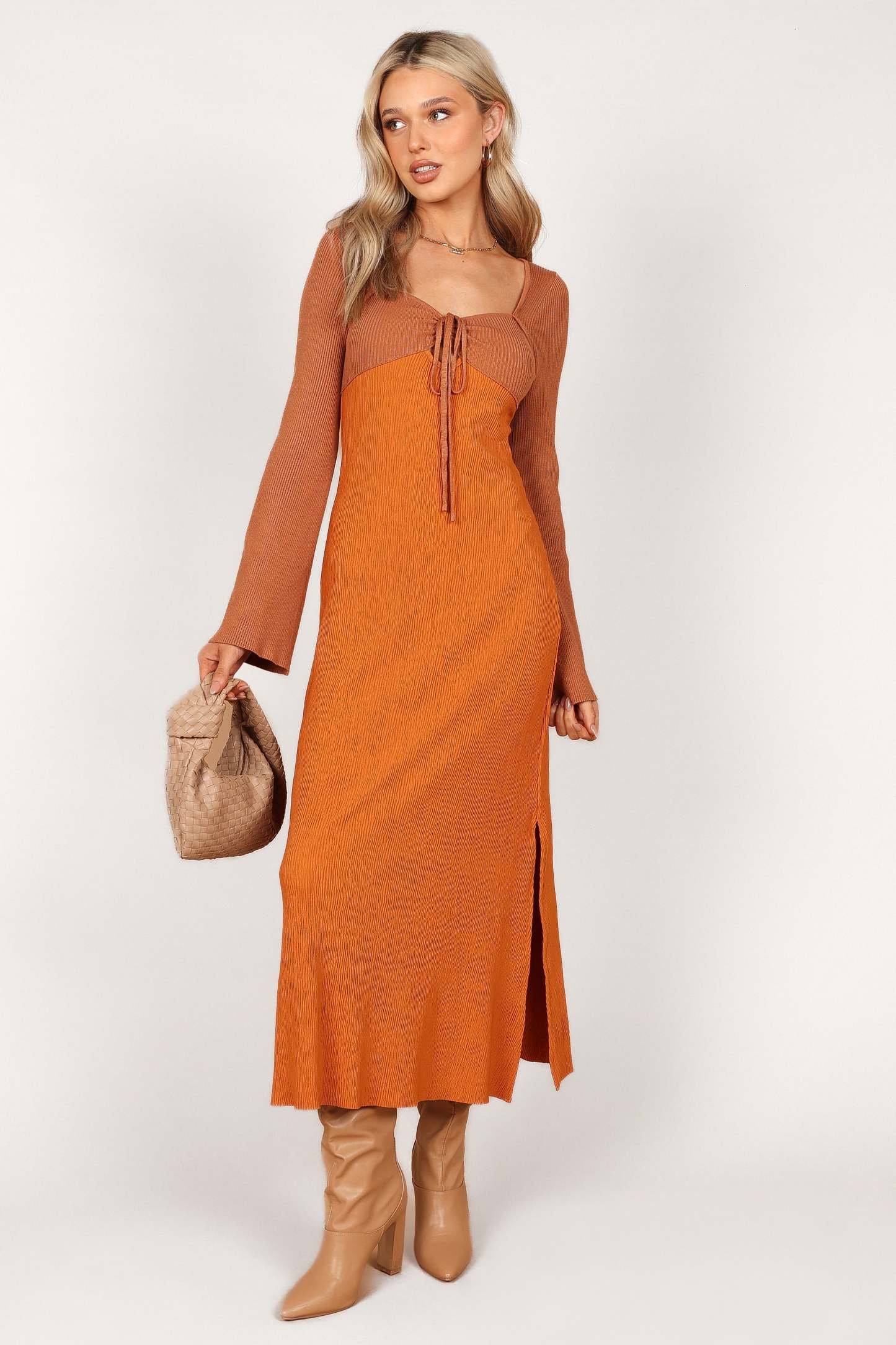 Lirique Long Sleeve Maxi Dress - Tan/Orange-Sunny Prom