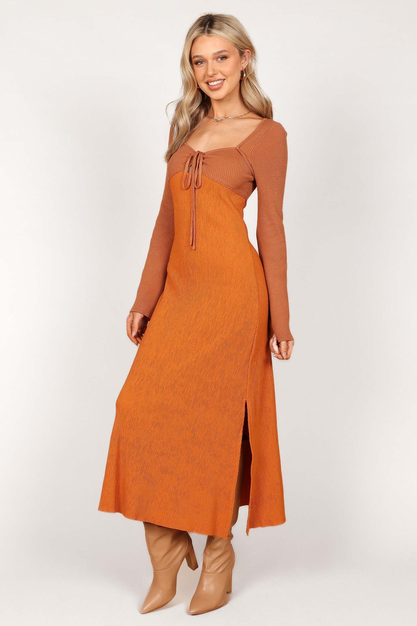 Lirique Long Sleeve Maxi Dress - Tan/Orange-Sunny Prom