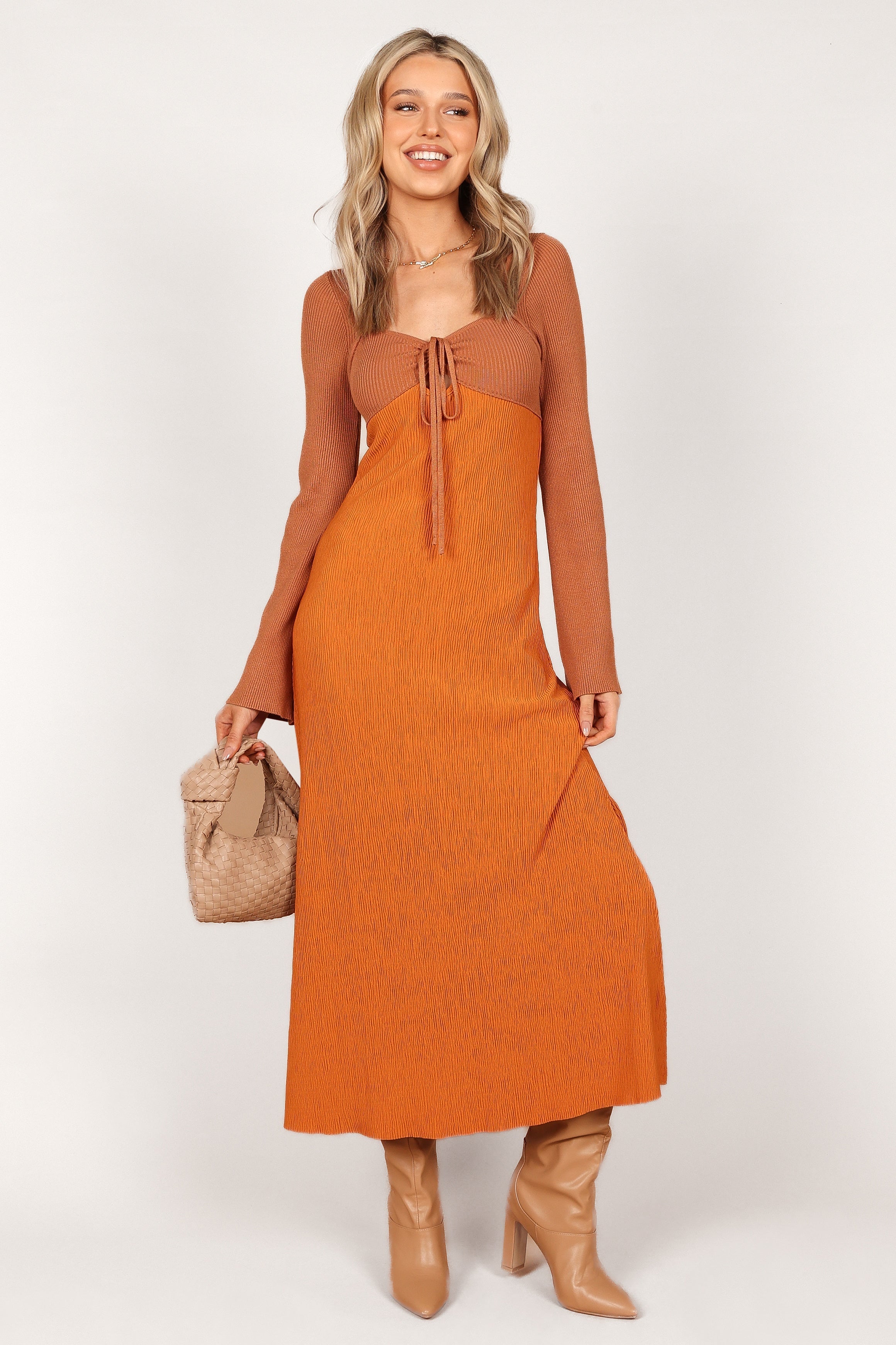 Lirique Long Sleeve Maxi Dress - Tan/Orange-Sunny Prom