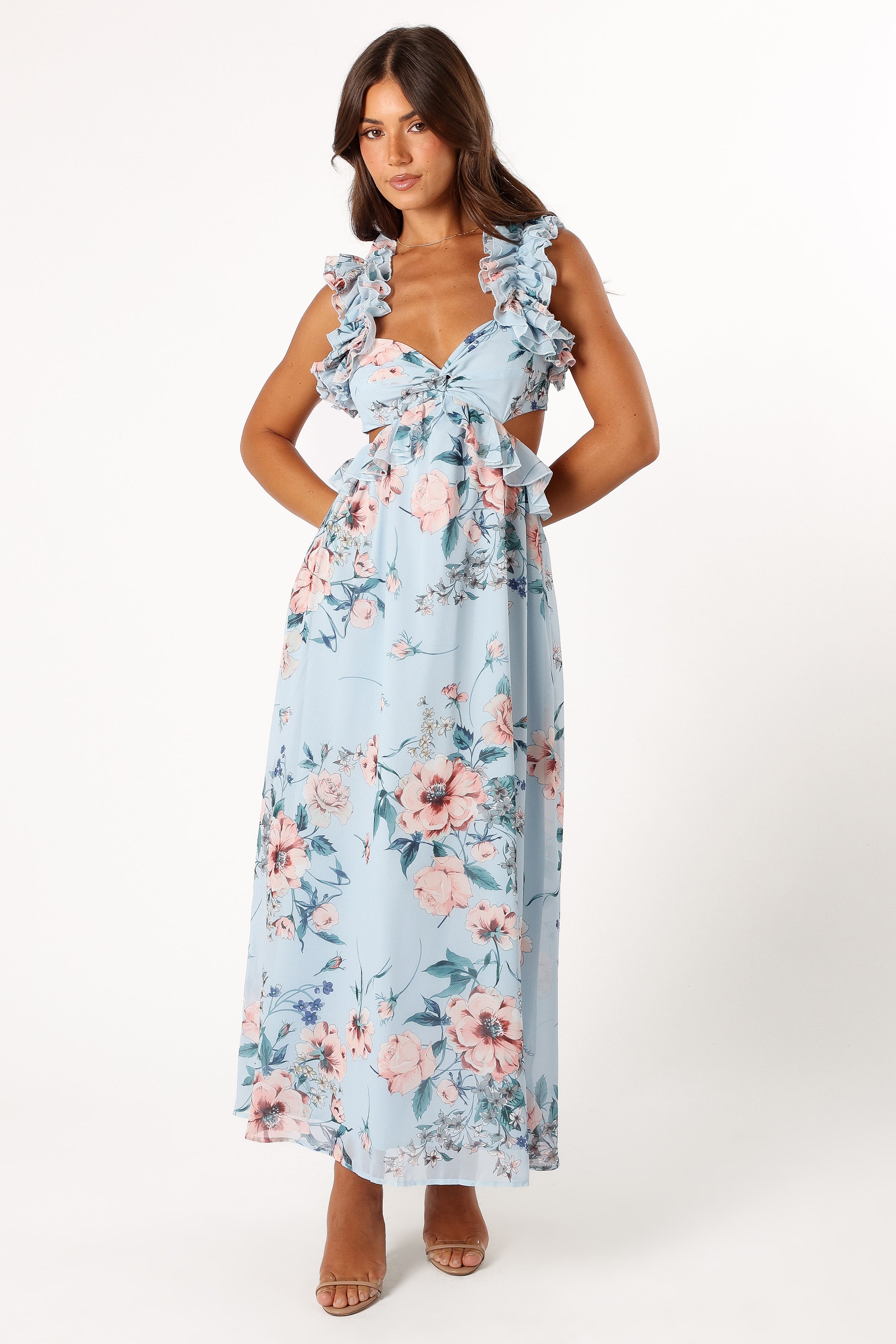 Lucah Frill Shoulder Maxi Dress - Blue Floral-Sunny Prom