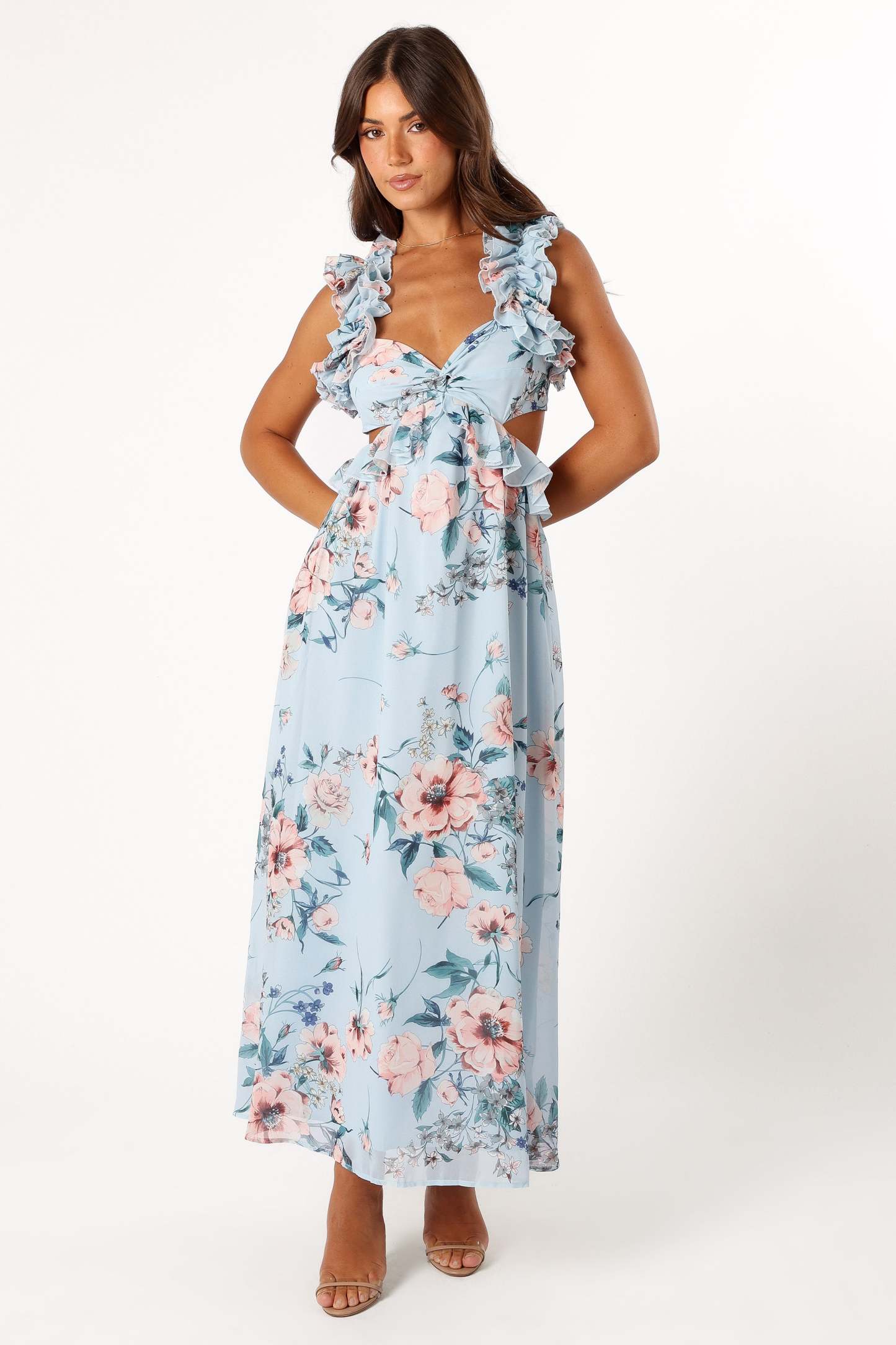 Lucah Frill Shoulder Maxi Dress - Blue Floral-Sunny Prom