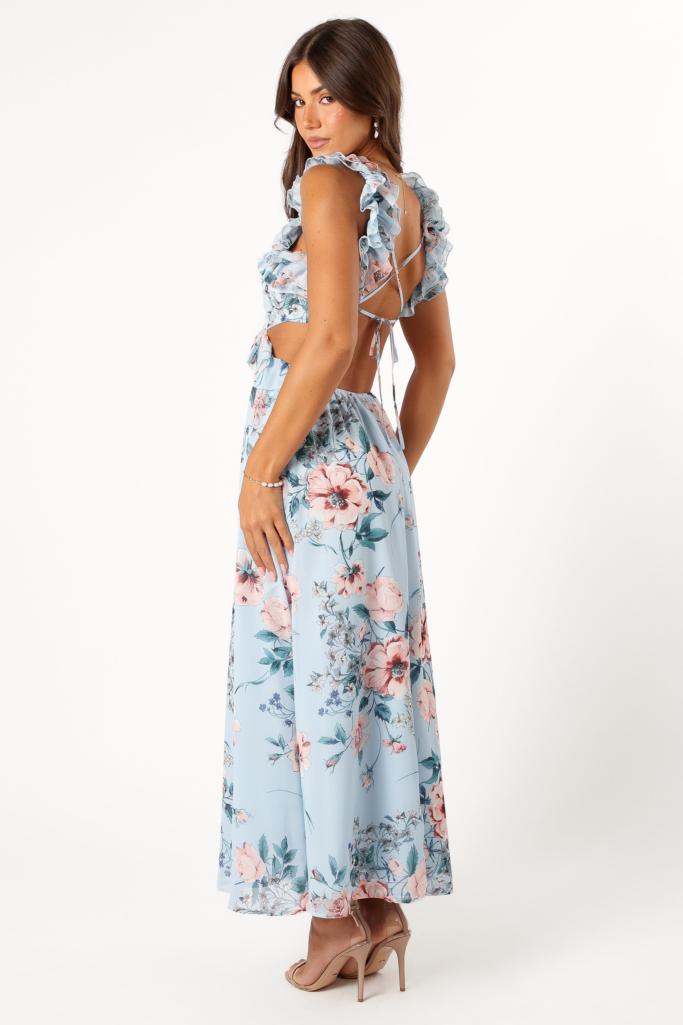 Lucah Frill Shoulder Maxi Dress - Blue Floral-Sunny Prom