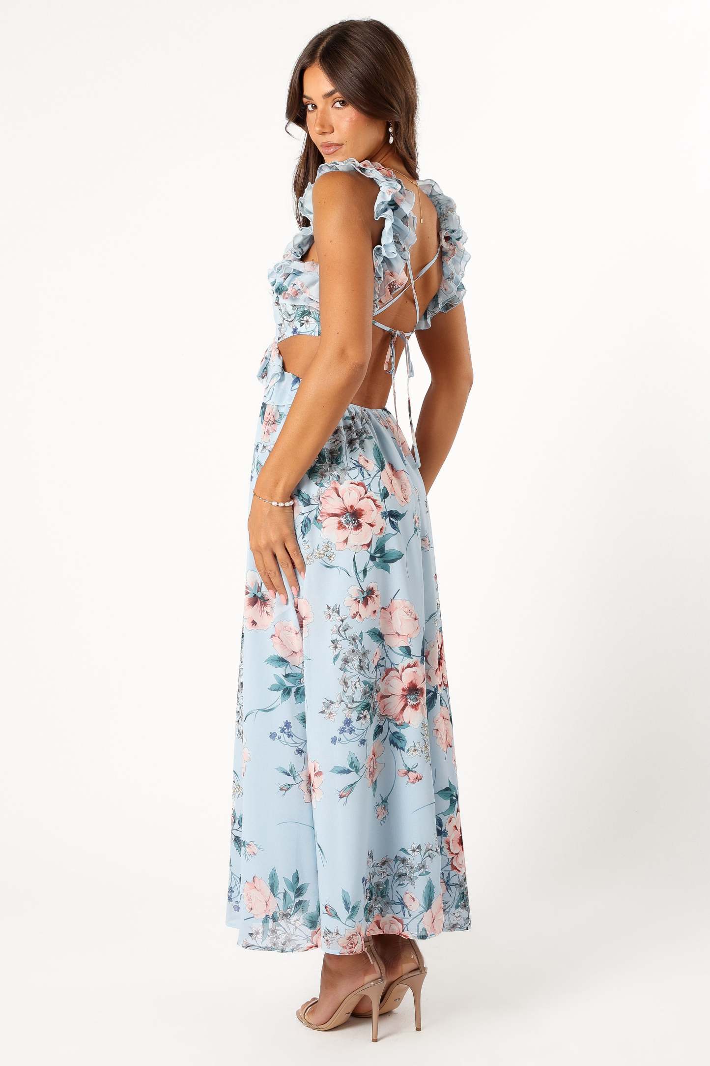 Lucah Frill Shoulder Maxi Dress - Blue Floral-Sunny Prom