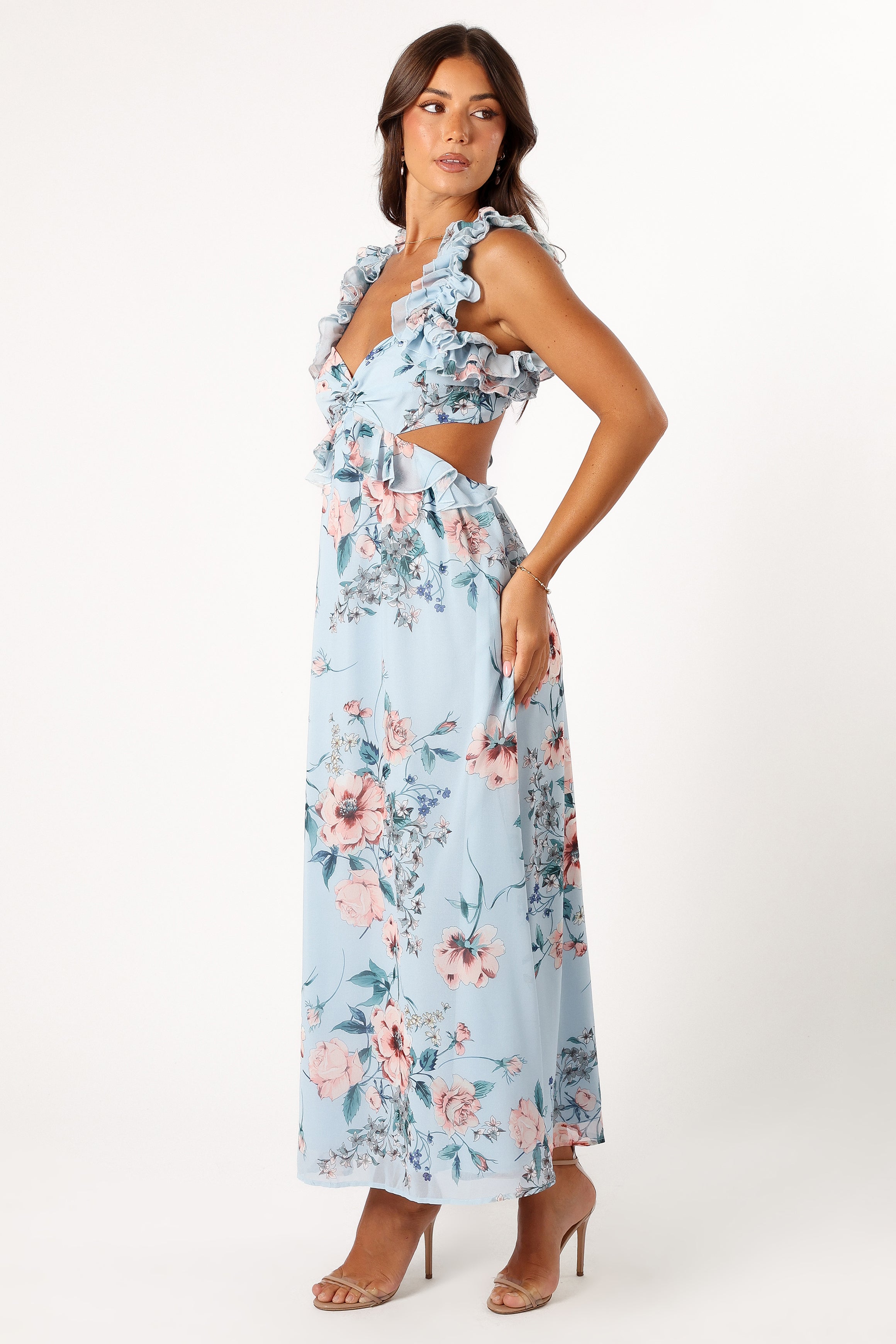 Lucah Frill Shoulder Maxi Dress - Blue Floral-Sunny Prom