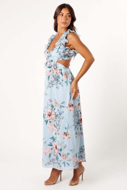 Lucah Frill Shoulder Maxi Dress - Blue Floral-Sunny Prom
