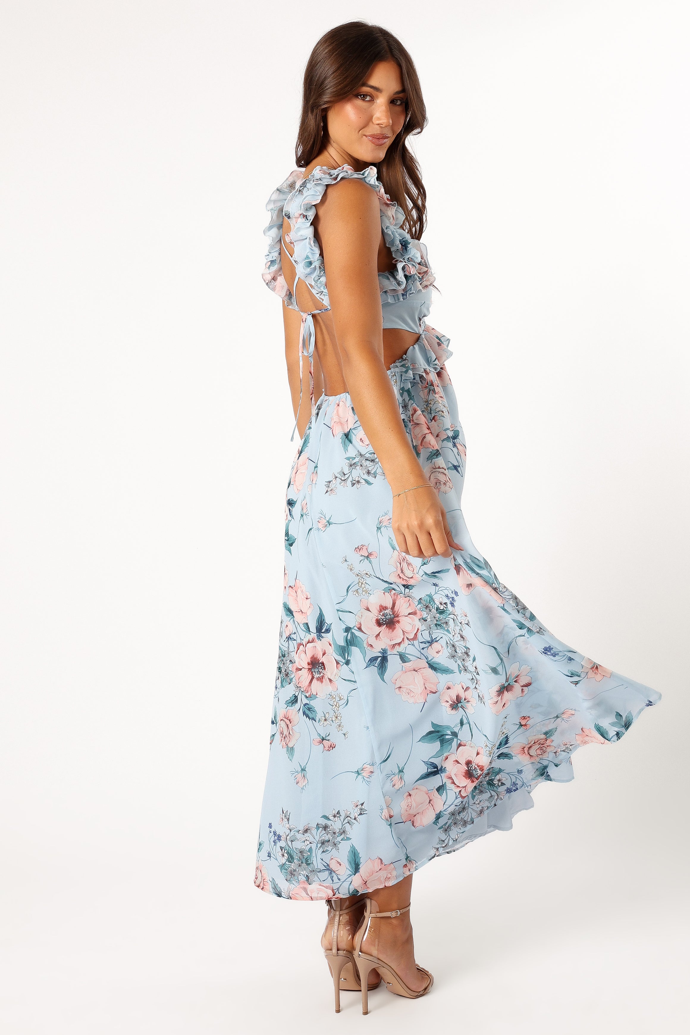 Lucah Frill Shoulder Maxi Dress - Blue Floral-Sunny Prom