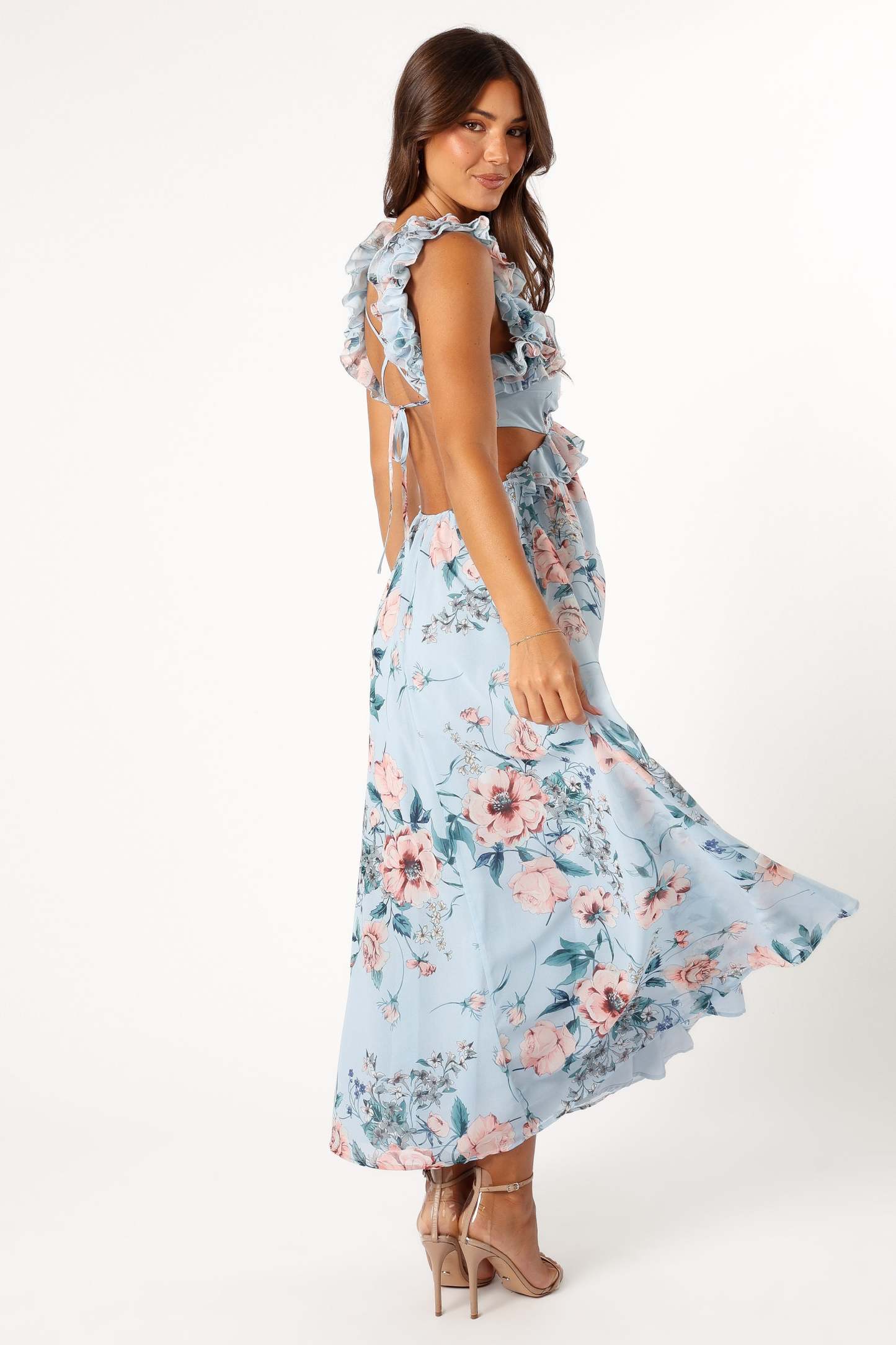 Lucah Frill Shoulder Maxi Dress - Blue Floral-Sunny Prom