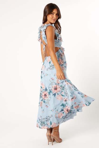 Lucah Frill Shoulder Maxi Dress - Blue Floral-Sunny Prom