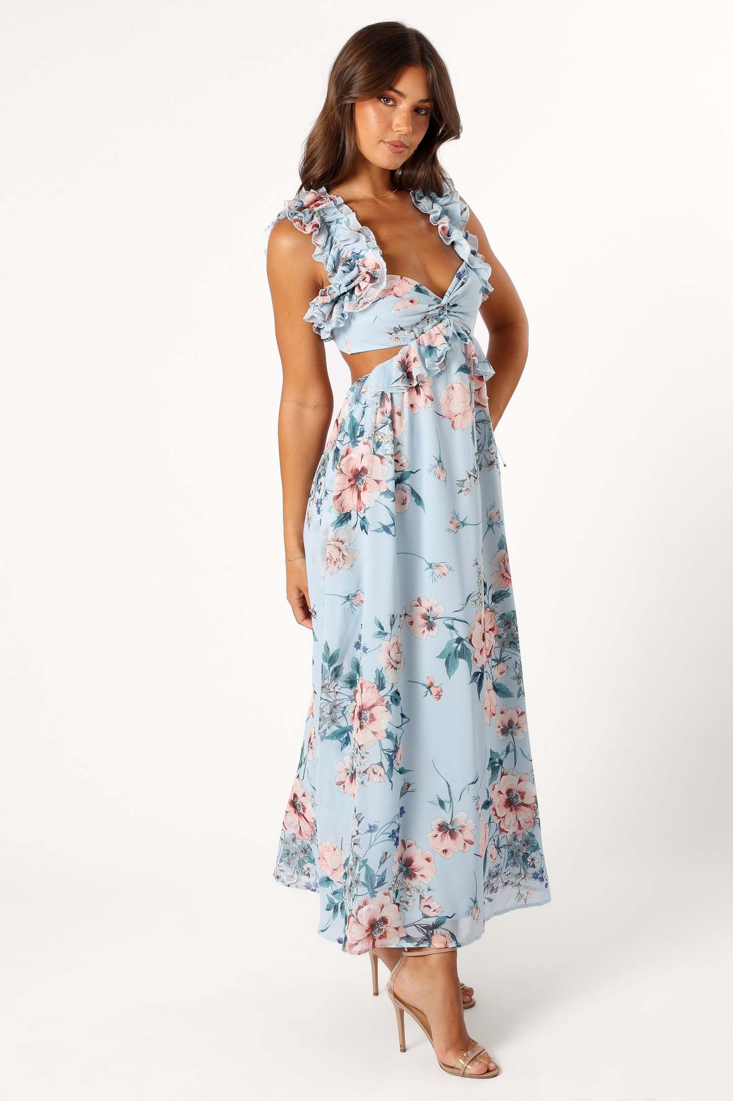 Lucah Frill Shoulder Maxi Dress - Blue Floral-Sunny Prom