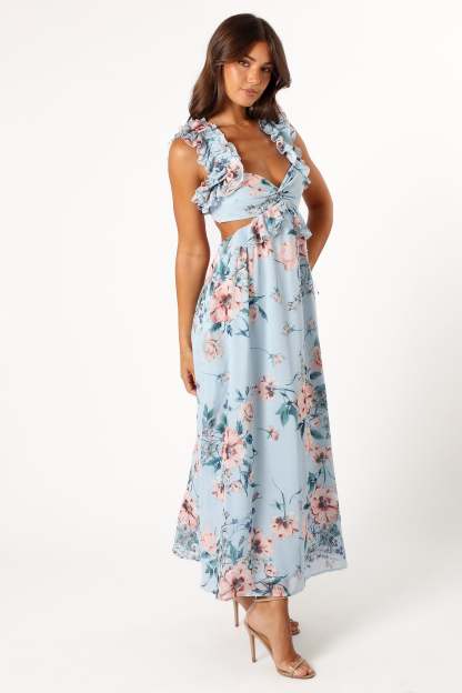 Lucah Frill Shoulder Maxi Dress - Blue Floral-Sunny Prom