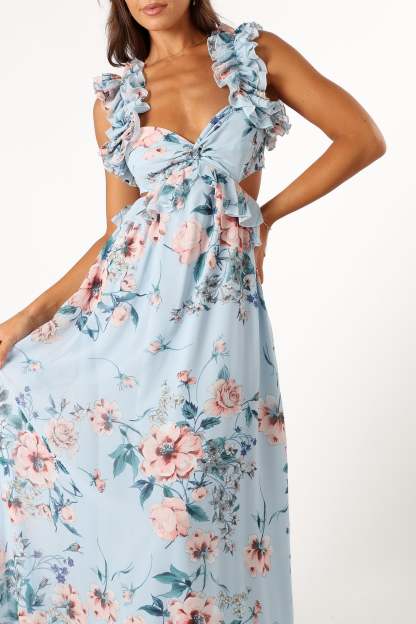 Lucah Frill Shoulder Maxi Dress - Blue Floral-Sunny Prom
